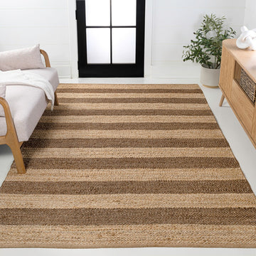 Jayden Rustic Farmhouse Woven Jute Stripe Area Rug